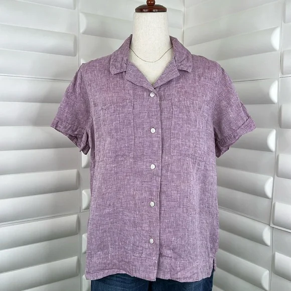 L.L. Bean Purple Linen Short Sleeve Button Down Shirt - Picture 1 of 6